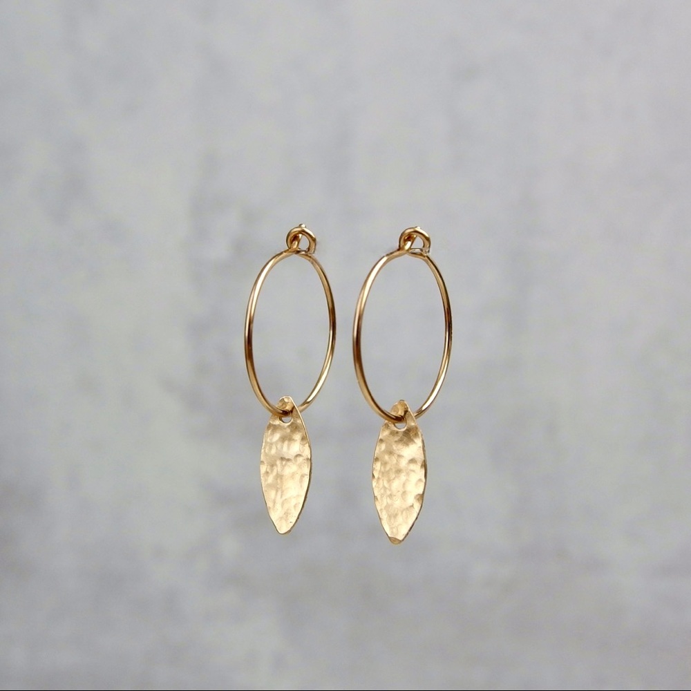 Hammered marquise leaf hoop earrings 14k gold fill